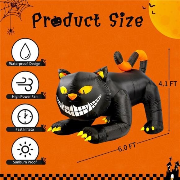 6 FT Halloween Inflatables Outdoor Black Cat with Shakable Head, Blow Up - Picture 2 of 7